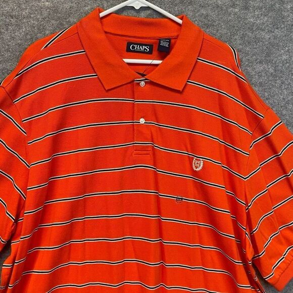 NWT CHAPS Polo Shirt Men's 4XB Orange Navy Striped Short Sleeve Cotton Collared - Picture 2 of 16